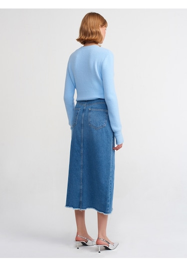 Dilvin Yırtmacı Püsküllü Uzun Etek Mavi