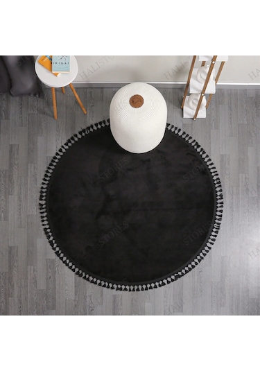 Siyah Fluffy Düğüm Saçaklı Yuvarlak Post Peluş Halı Kaymaz Taban