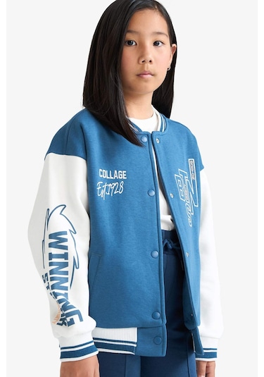 Defacto Kız Çocuk Kolej Yaka Baskılı Kalın Bomber Hırka F1985a825aube376 Mavi