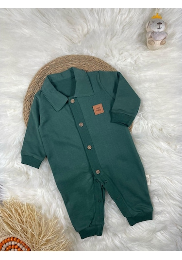 Gömlek Yaka Önden Düğmeli Arma Detaylı Erkek Bebek Tulum Yeşil