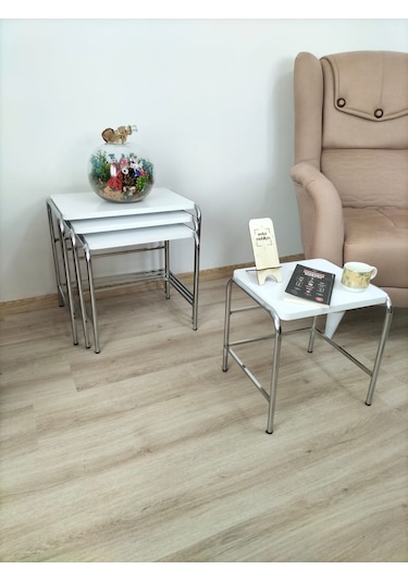 Evko Mobilya Buket Sehpa, 4'lü Zigon Sehpa, Dörtlü, Krom-beyaz