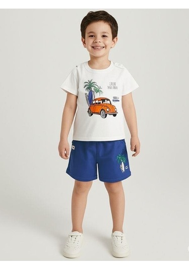 Erkek Bebek Pamuklu Araba Baskılı Şortlu Takım-15827 Beyaz