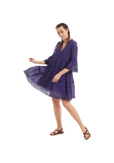 Kısa Kollu Mor Düğmeli Vual Yazlık Elbise