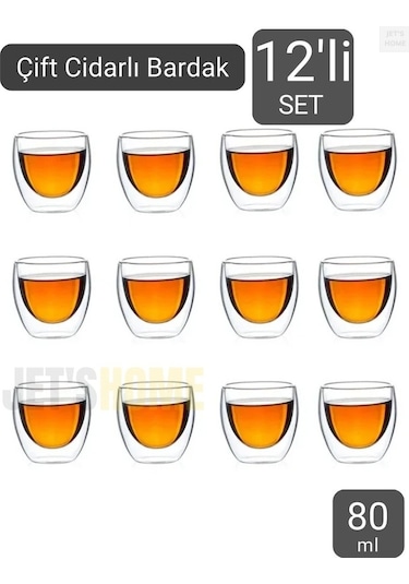 12 Li Set Espresso Bardağı 80 Ml Kahve Bardağı Çift Cidarlı Bardak Viski Bardağı Şeffaf