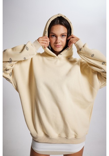 Holly Lolly Oversize Kapüşonlu Unisex Eye Sweat Bej