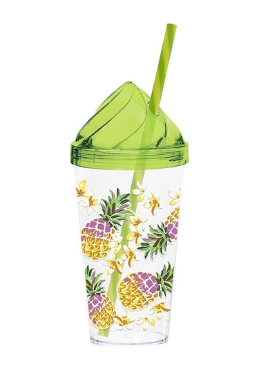 660 Cc Kristal Kapaklı Renkli Ananas Desenli Pipetli Bardak