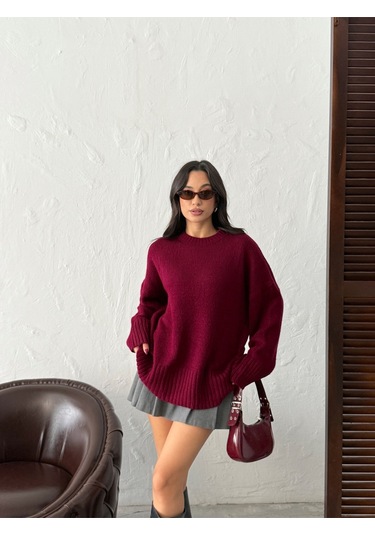 Kadın Yumuşak Dokulu Bisiklet Yaka Oversize Basic Triko Kazak Bordo