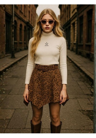 Kız Çocuk Süet Asimetrik Kesim Kemerli Tasarım Etek-16290 Kahverengi