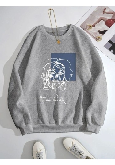 Spiritual Çizgi Figür Sweatshirt - Gri Baskılı Oversize Kalın Kışlık Bisiklet Yaka Gri