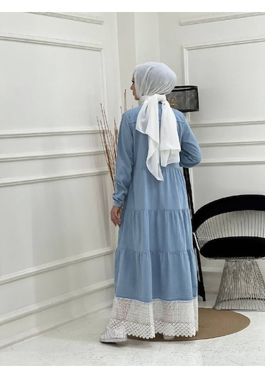 Dantelli Doğal Kumaşlı Boydan Düğmeli Kot Elbise - 001