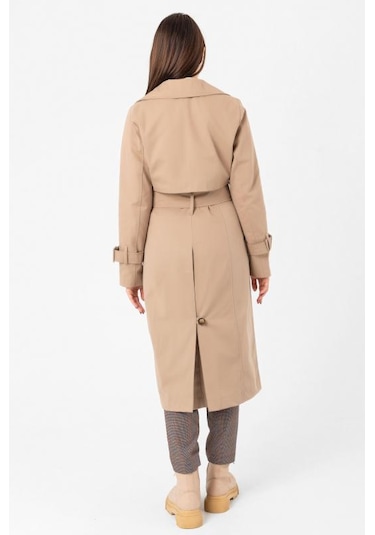 Pastelastore %100 Pamuk Gabardin Uzun 110cm Astarlı Kemerli Kadın Trençkot 1111 Yeni Bej