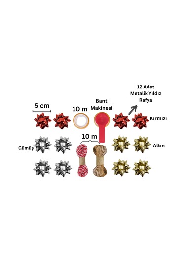 Hediye Paketleme Seti, 12 Adet Metalik Rafya- Twine Baker & Jüt İp - 20m, 1 Adet Bant Ve Makinesi