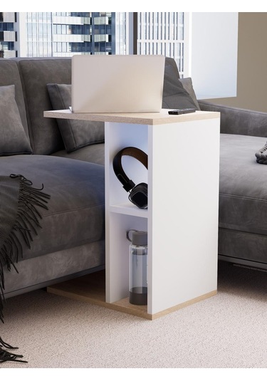 Raflı C Yan Sehpa, %100 Mdf Beyaz & Sonoma/beyaz & Sonoma / Gri Beyaz - Meşe