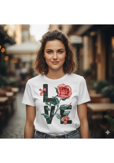 Love Çiçek Baskılı Kadın Pamuklu T-shırt Beyaz