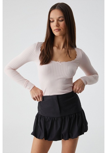 GRIMELANGE Youpes Kadın Regular Fit Fermuarlı Yüksek Bel Astarlı Kısa Siyah Etek Siyah