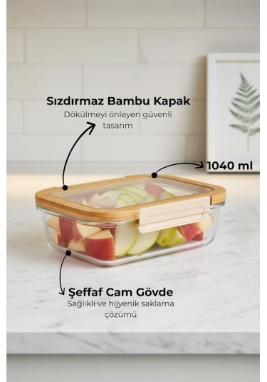 Bambum Moira - Cam Kapaklı Kilitli Cam Saklama Kabı 1040 Ml Bambu