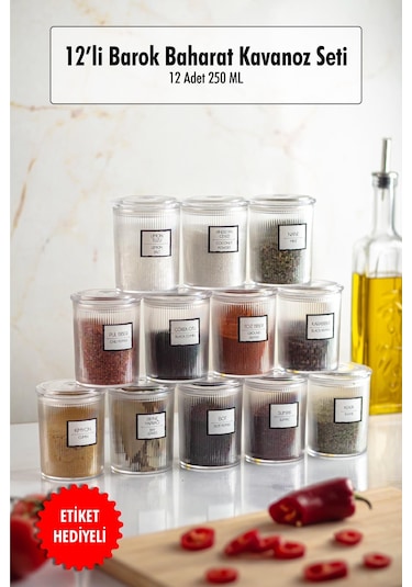 12'li Barok Yuvarlak Baharat Kavanoz Seti & Saklama Kabı & Erzak Kabı 12 250 Ml