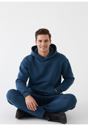 Erkek Mavi Oversize Hoodie Sweatshirt Mavi