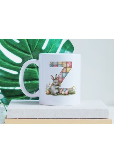 Z Harfli Tavşan Kupa - Patchwork / Yamalı Desenli İsme Özel Kupa - Pastel Vintage Tarz Hediyelik 07 Beyaz