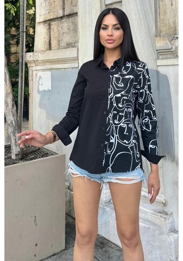 Kadın Siyah & Beyaz Desenli İki Renkli Uzun Kol Regular Kesim Standart Boy Gömlek Siyah - Beyaz Kadın Siyah & Beyaz Desenli İki Renkli Uzun Kol Regular Kesim Standart Boy Gömlek Siyah - Beyaz