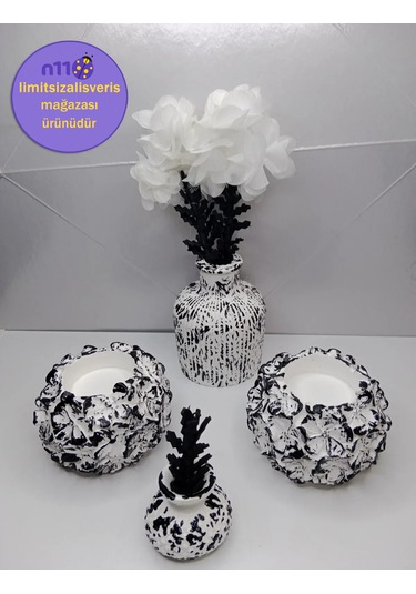 Siyah Beyaz Dekoratif Obje Mumluk Vazo Takımı Çiçekler Dahil Siyah Beyaz