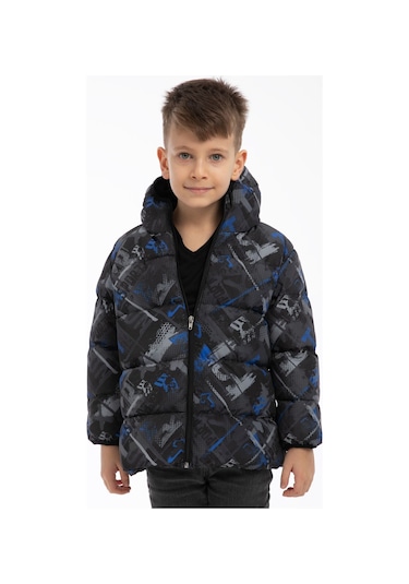 Erkek Çocuk Saks Antrasit Dijital Desen İçi Polar Su Ve Rüzgar Geçirmez Kapüşonlu Şişme Kışlık Mont Antrasit - Saks Mavi