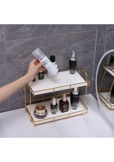 Novahub Çift Katlı Beyaz Altın Banyo Rafı - Metal Malzeme, Dekoratif Ve Pratik, Dayanıklı Altın