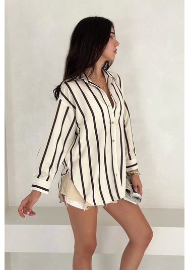 Pamuk Viscon Dijital Baskı Sonsuz Çizgi Gömlek Krem