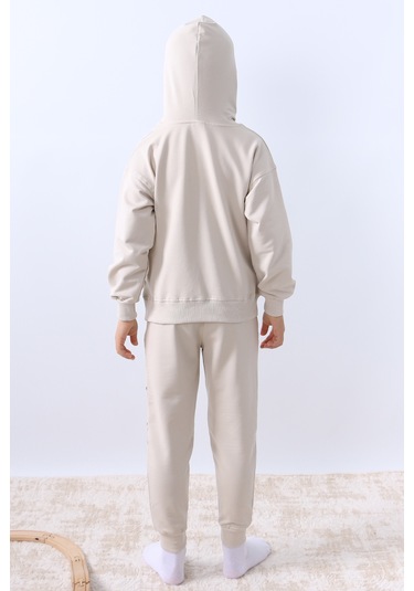 Erkek Çocuk Kapşonlu Eşofman Takımı 4 Mevsim Wolf Baskılı Ribanalı F12 Bej