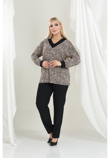 Bambu Viskon V Yaka Uzun Kollu Bluz Rahat Kalıp, Büyük Beden Xl 6xl Çıtır Leopar