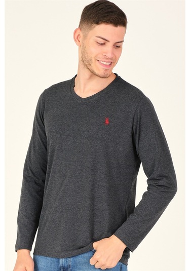 T8587 Dewberry V Yaka Erkek Uzun Kol T-shırt-koyu Antrasit Koyu Antrasit