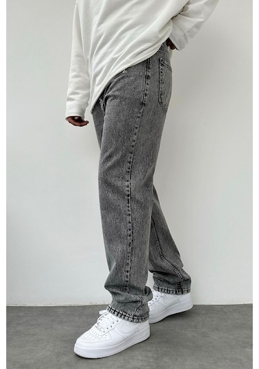 Asit Yıkamalı Gri Renk Bol Kesim Kot Pantolon Gri