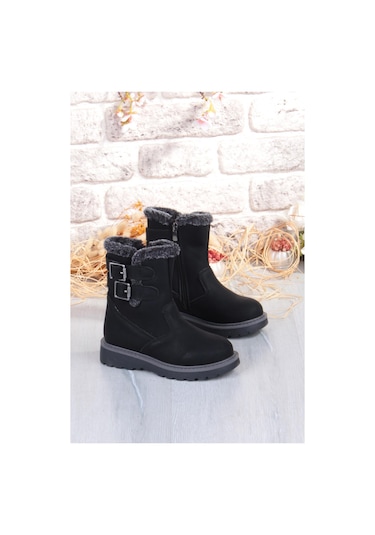 Fort Cool Buckle Anatomik Sıcak Astar Kaymaz Taban Kız Çocuk Çizme Siyah