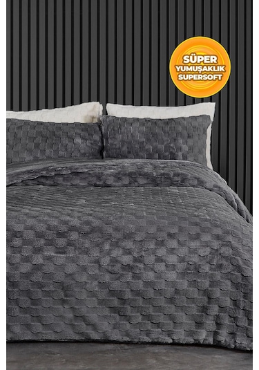 Kürk Yatak Örtüsü Yorgan Uyku Seti Tek Kişilik Çarşaflı Peluş Yumuşak Dolgulu Rody 3 Parça Antrasit
