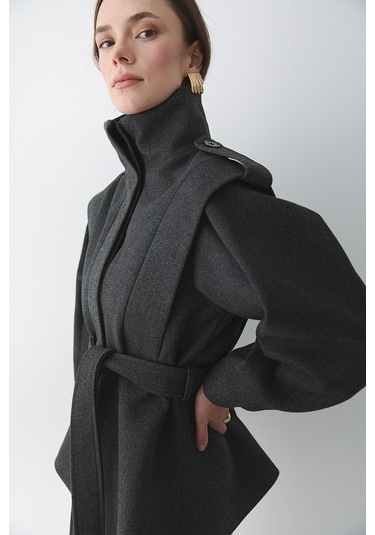 Antrasit Apoletli Vatkalı Kaşe Kaban - 1005 Antrasit