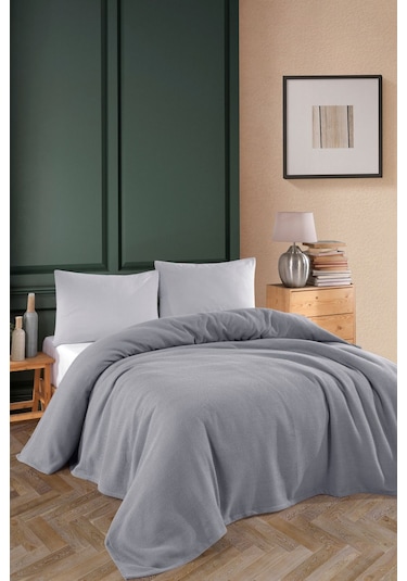 Renkli Gofret Desen Çift Kişilik Yatak Örtüsü Otel Pike 200x230cm Gri