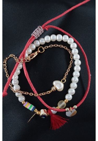 3lü Nazar Boncuklu İncili Püsküllü Asansörlü Lastikli Kırmızı İp Bileklik. Kadın İp Bileklik Halhal Çok Renkli