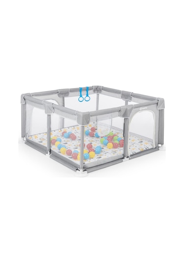 Playard Güvenli Bebek Ve Çocuk Oyun Alanı Oyun Parkı 120x120 Oyun Matı Topları Ve Yataklı Açık Gri