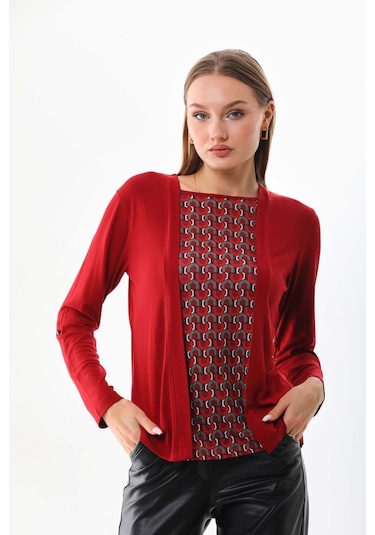Sistas Kadın Desenli Uzun Kol Bluz 23525 Bordo
