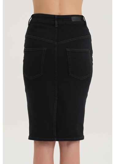 Cross Jeans  C 4990-005 Yüksek Bel Patı Fermuarlı Yırtmaçlı Esnek Kadın Jean Etek Siyah