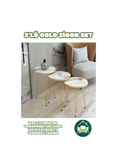 Berlin Beyaz Zigon Sehpa Gold Tel Ayak Lüks & Modern Tasarım