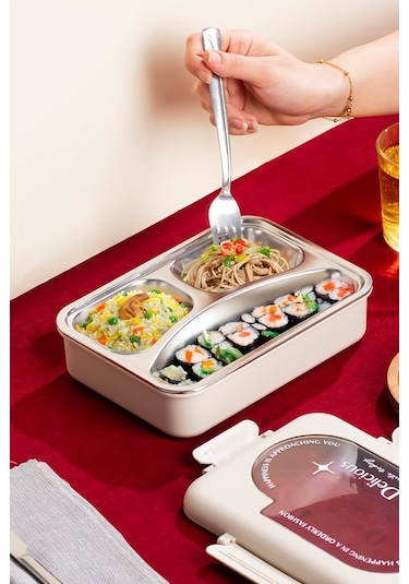 Porsima 3110 Paslanmaz Çelik 3 Bölmeli Vakumlu Yemek Termosu Beslenme Kutusu Taşınabilir Lunch Box Sefer Tası - Krem