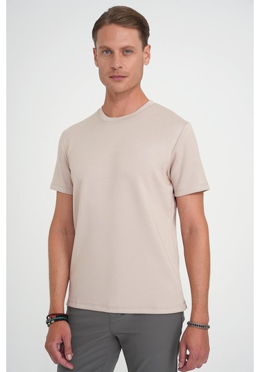 Comfort Fit Bisiklet Yaka Esnek Pamuk Casual Bej Tişört Ts 885 Bej