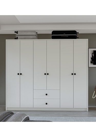 Metalia Gm 069 Delüx 6 Kapı 2 Çekmeceli Düğme Kulplu Gardırop