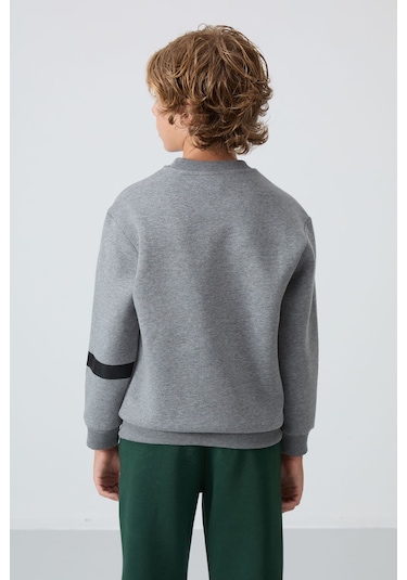 Gri Melanj Pamuklu Kalın İçi Tüylü Yumuşak Dokulu Standart Fit Baskılı Erkek Çocuk Sweatshirt - 11238 Gri Melanj
