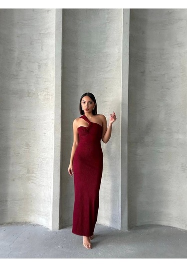 Krinkıl Tek Omuz Uzun Elbise Bordo S25455 Bordo