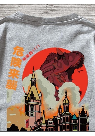 Erkek Gri Oversize Japanese Dinazor Baskılı T-shirt Gri