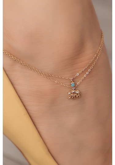 Firuze Taşlı Fil Altın Halhal Sarı