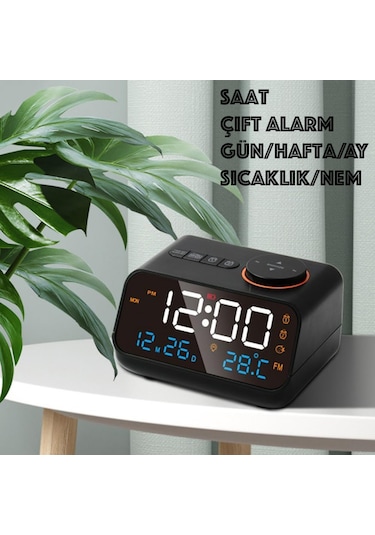 Hymark Dekoratif Led Dijital Saat Fm Radyo 2 Alarm Sıcaklık Ve Nem Göstergeli Şarjlı Pilli Saat Siyah