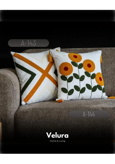 Dekoratif Kırlent & Pinterest Kırlent & Keten Kumaş - Nakış İşleme & A143-a144 Turuncu - Yeşil